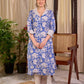 Breezy Blue Floral Print Cotton Kurta with Handcrafted Kantha Stitch White Collar & Cuffs