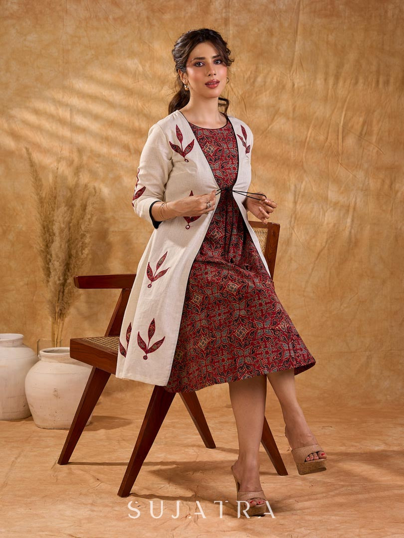 Timeless Off White Cotton Open Front Long Jacket with Ajrakh Applique and Tassel Detail