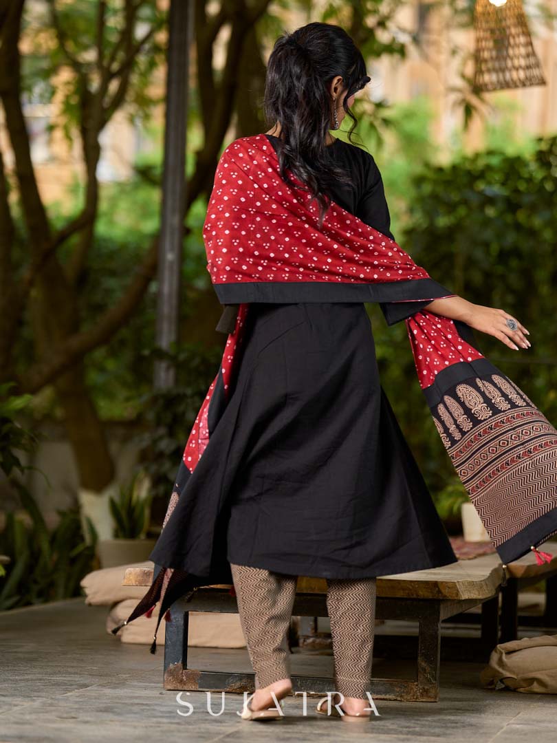 Classic Black Cotton Kurta with Classic Ajrakh Zigzag Printed Pant and Elegant Maroon Bandhani Dupatta with Traditional Ajrakh Printed Border