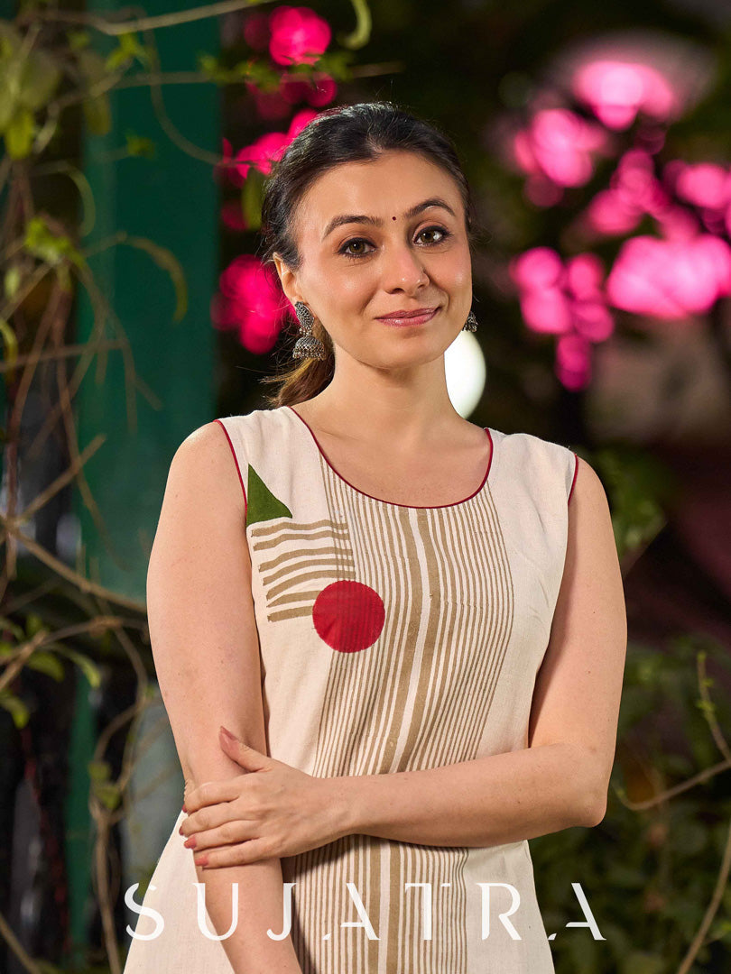 Contemporary Off-white hand block printed kurta with abstract geometric motifs