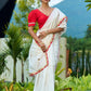 Traditional Ivory Chanderi Saree with Red-Gold Scalloped Border & Hand Embroidered Pallu