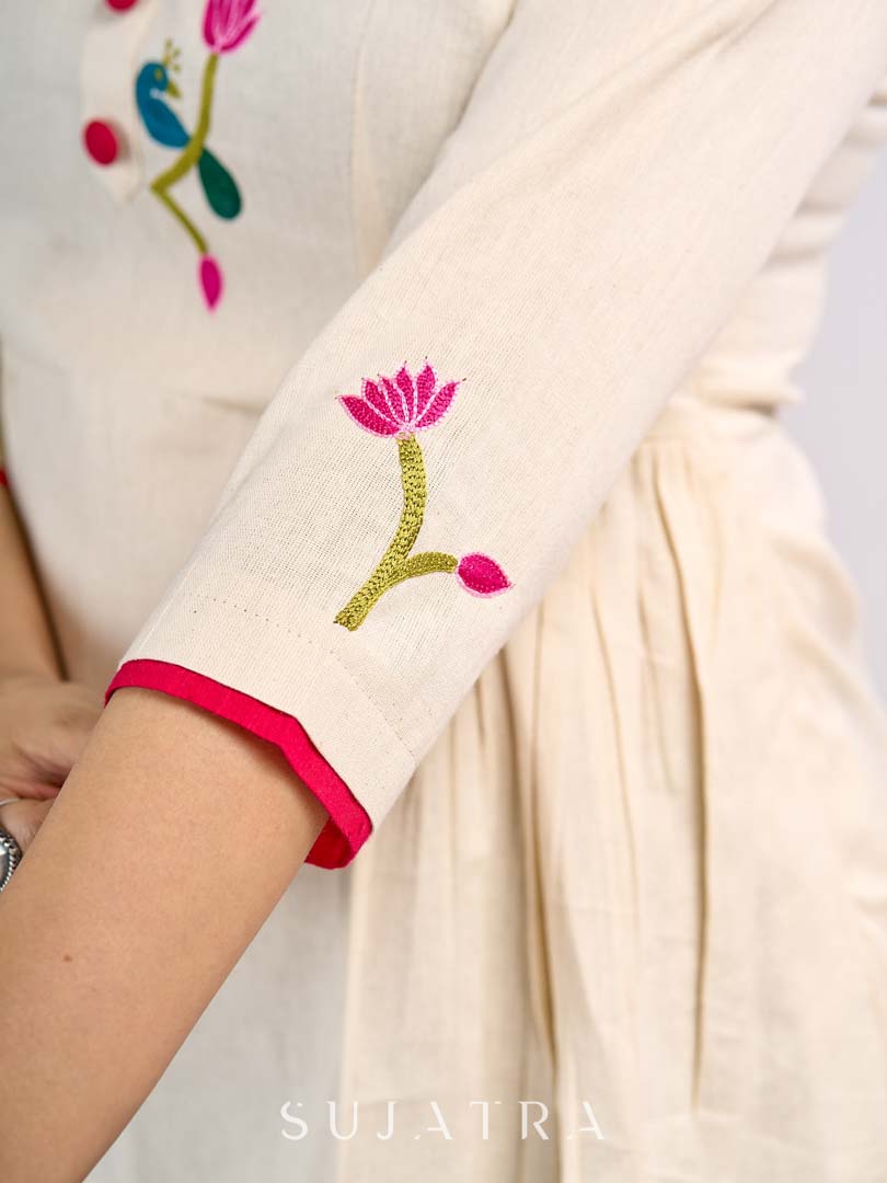 Classic Off White Cotton Gathered Top with Traditional Pichwai Hand Embroidery