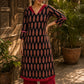 Striking Black Ajrakh Block Print Straight Kurta with Bold Maroon Collar & Mirror Cuff Accent