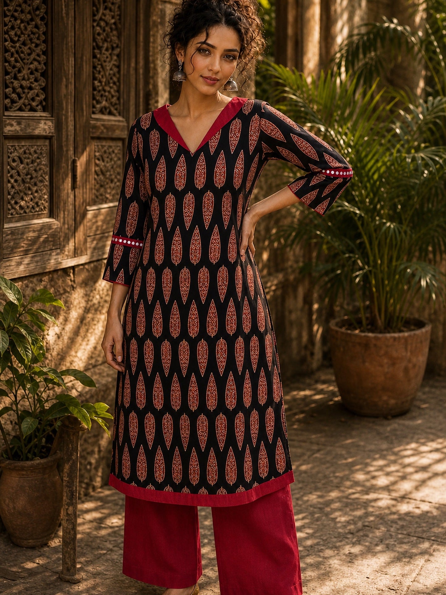 Striking Black Ajrakh Block Print Straight Kurta with Bold Maroon Collar & Mirror Cuff Accent