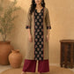 Timeless Khaki Cotton Kurta with Striking Black Ajrakh Floral Panel & Contrast Maroon Accent