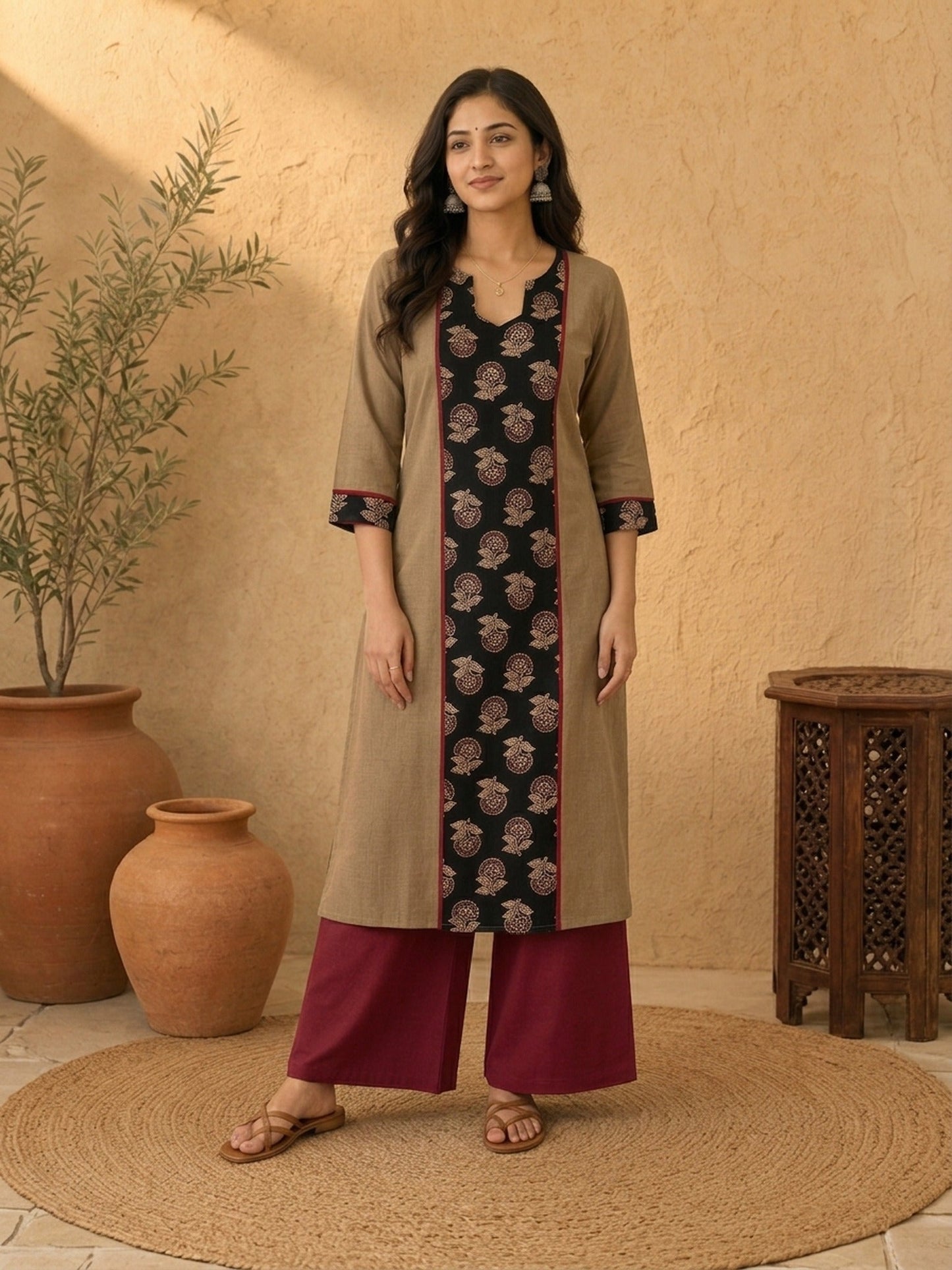 Timeless Khaki Cotton Kurta with Striking Black Ajrakh Floral Panel & Contrast Maroon Accent