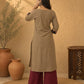 Timeless Khaki Cotton Kurta with Striking Black Ajrakh Floral Panel & Contrast Maroon Accent