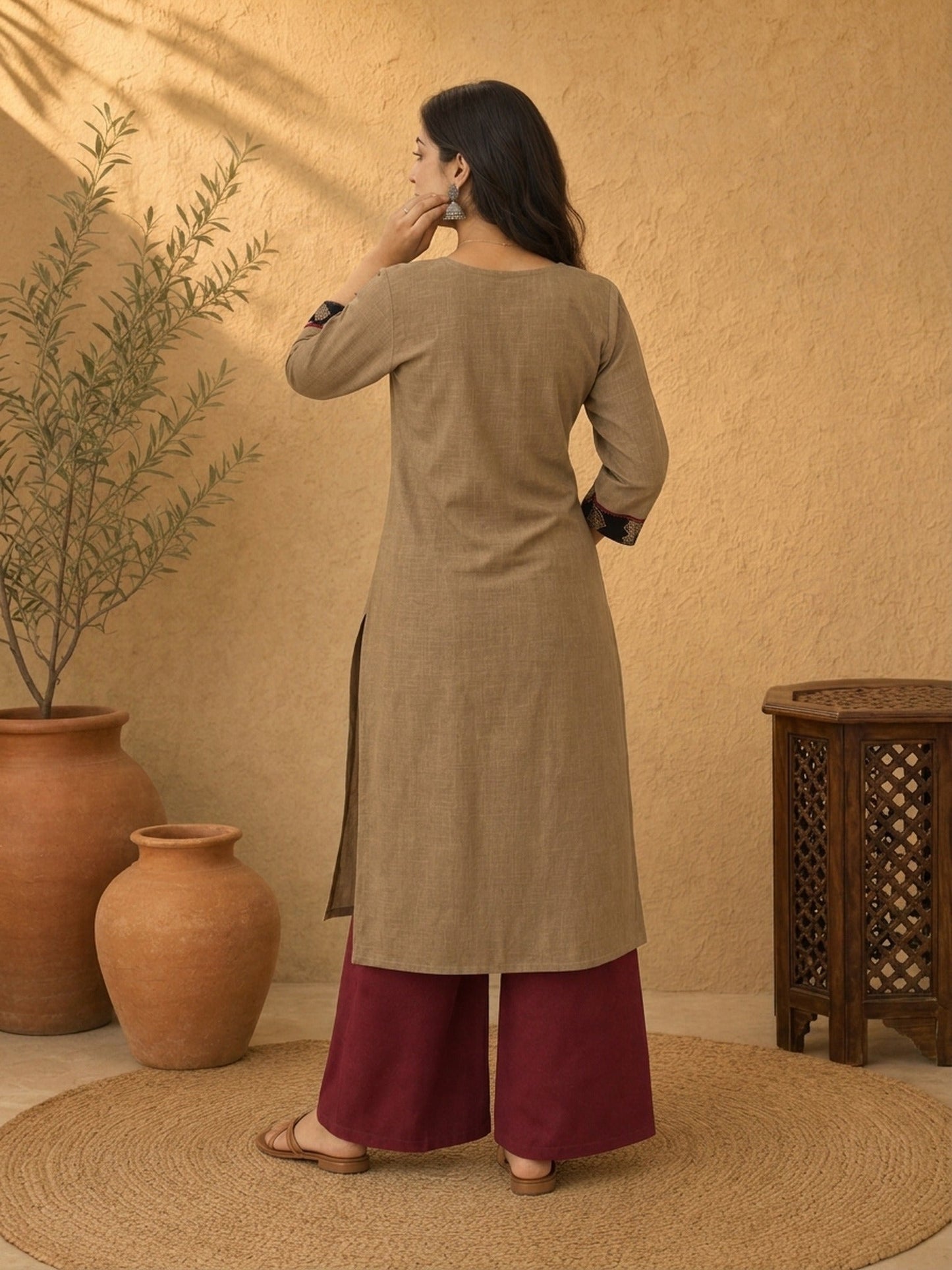 Timeless Khaki Cotton Kurta with Striking Black Ajrakh Floral Panel & Contrast Maroon Accent