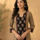 Timeless Khaki Cotton Kurta with Striking Black Ajrakh Floral Panel & Contrast Maroon Accent