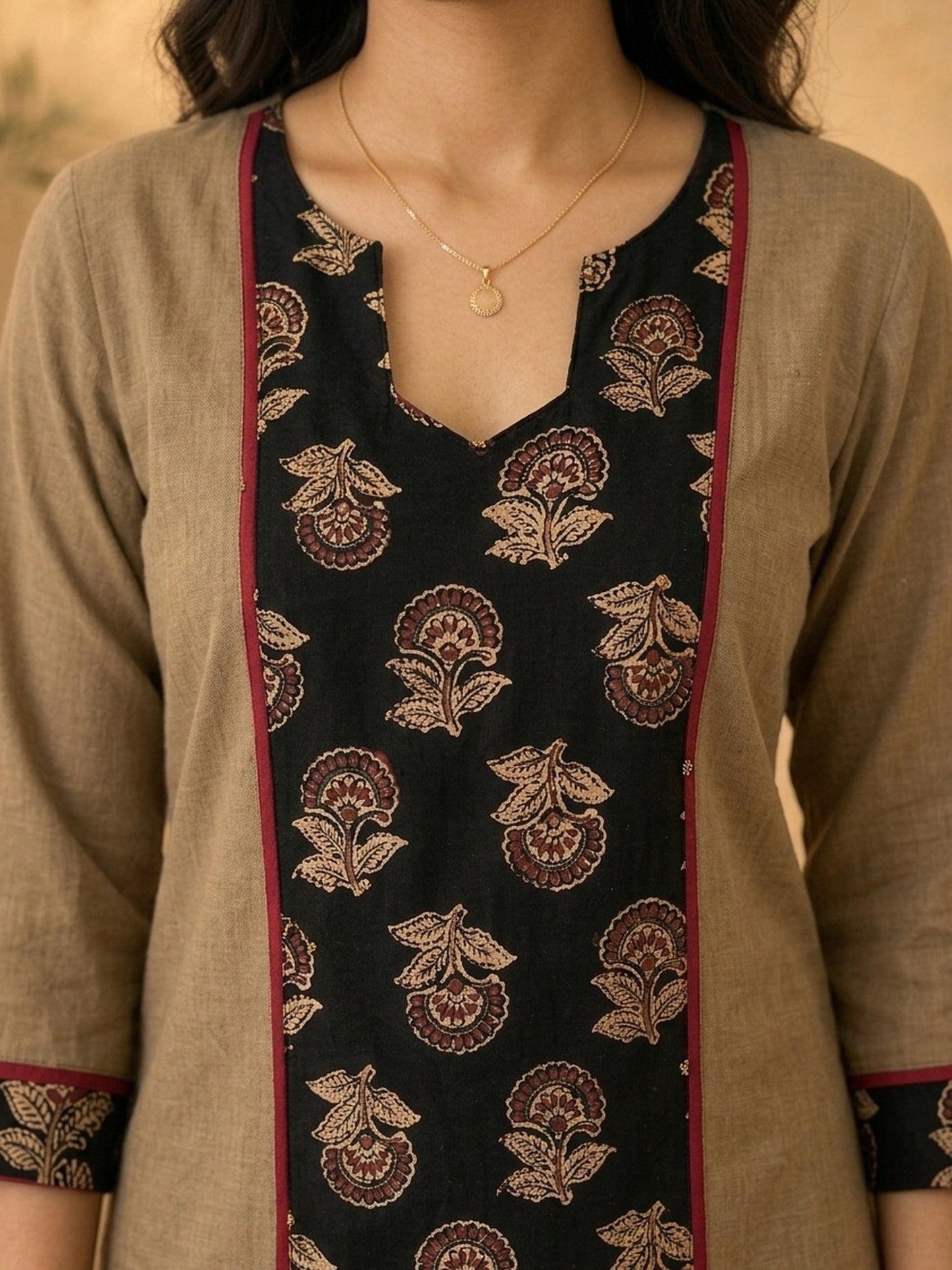 Timeless Khaki Cotton Kurta with Striking Black Ajrakh Floral Panel & Contrast Maroon Accent