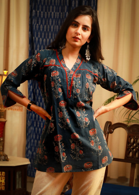 Indigo blue block printed natural color Ajrakh casual top