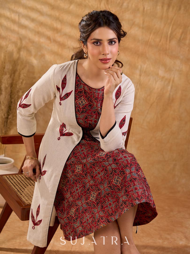Timeless Off White Cotton Open Front Long Jacket with Ajrakh Applique and Tassel Detail