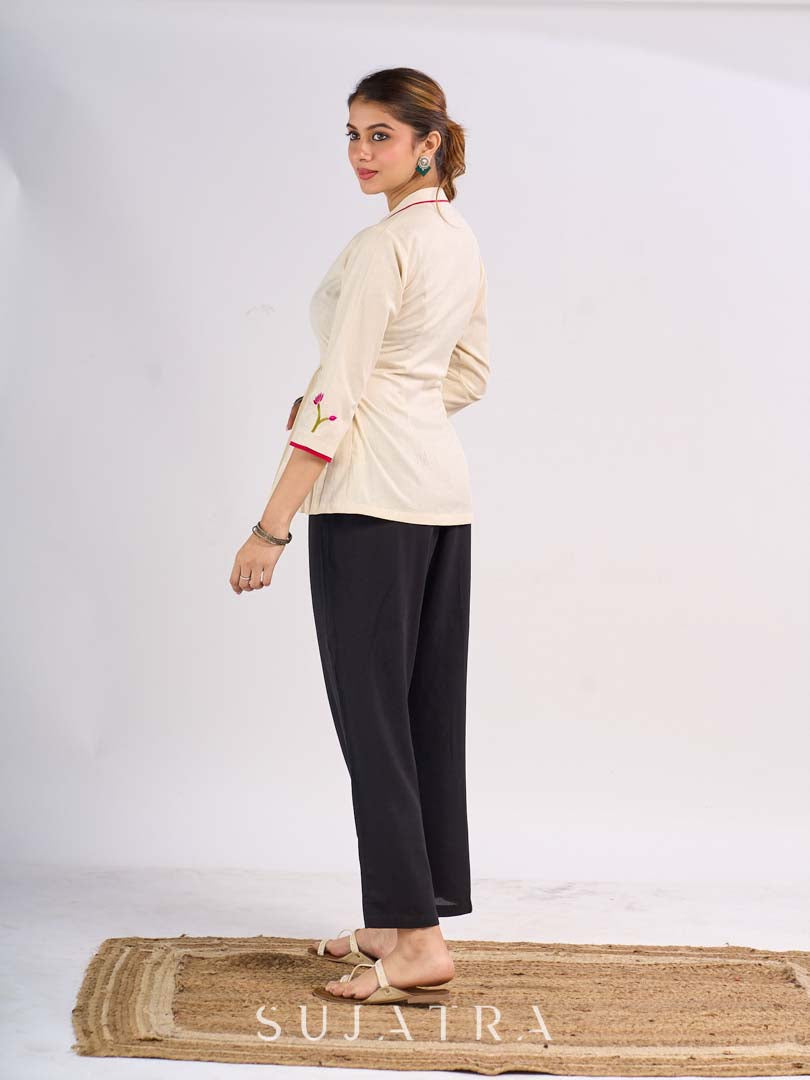 Classic Off White Cotton Gathered Top with Traditional Pichwai Hand Embroidery