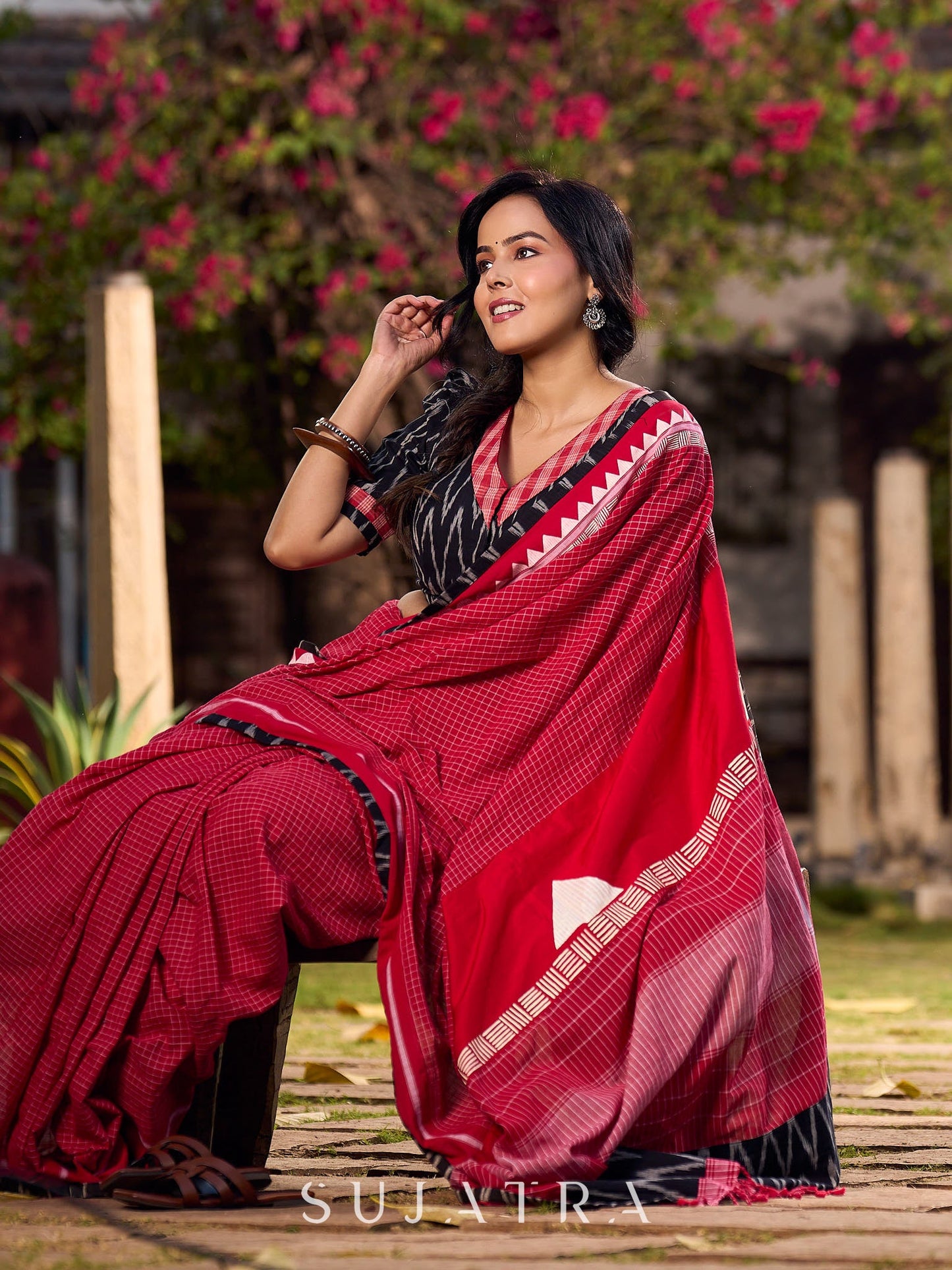 Classic Red Checkered Cotton Saree with Black Ikat Border