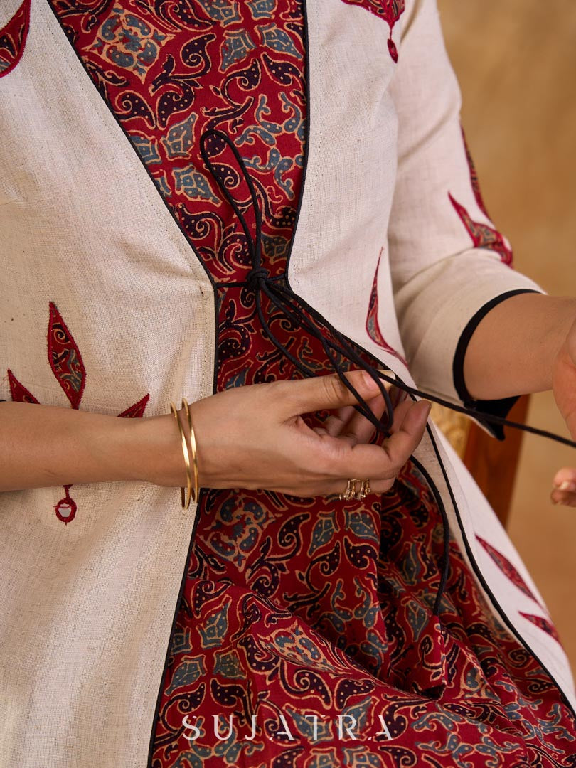 Timeless Off White Cotton Open Front Long Jacket with Ajrakh Applique and Tassel Detail