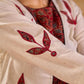 Timeless Off White Cotton Open Front Long Jacket with Ajrakh Applique and Tassel Detail