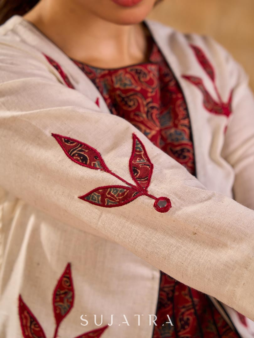 Timeless Off White Cotton Open Front Long Jacket with Ajrakh Applique and Tassel Detail