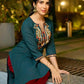Graceful Teal Cotton Kurta Adorned with Intricate Paisley Embroidery