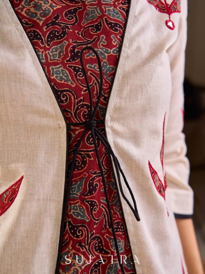 Timeless Off White Cotton Open Front Long Jacket with Ajrakh Applique and Tassel Detail