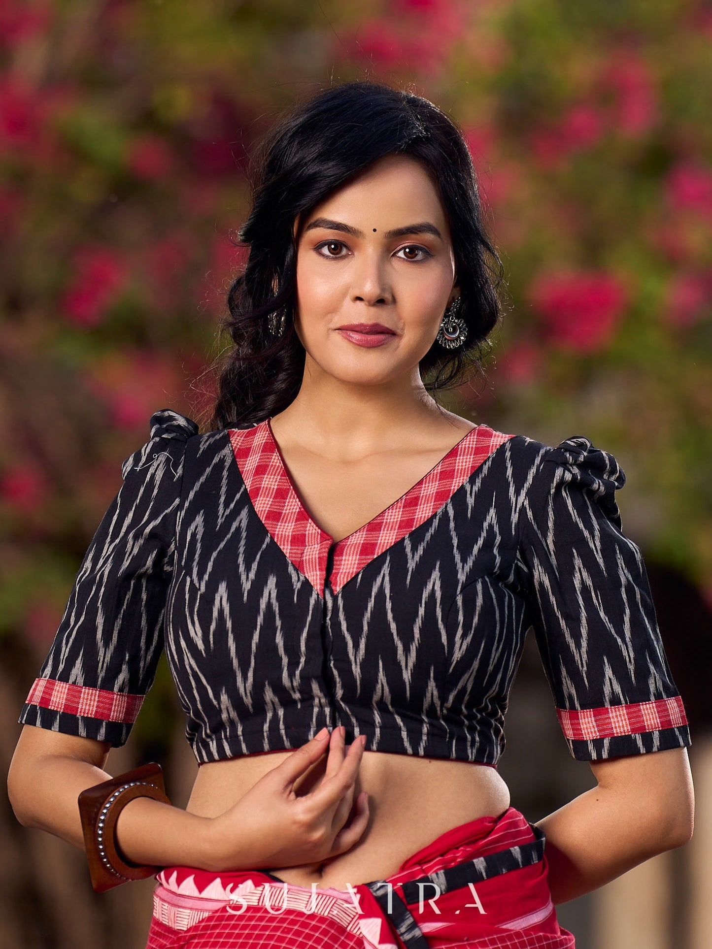 Black Ikat Cotton Blouse with Highlighted Neckline