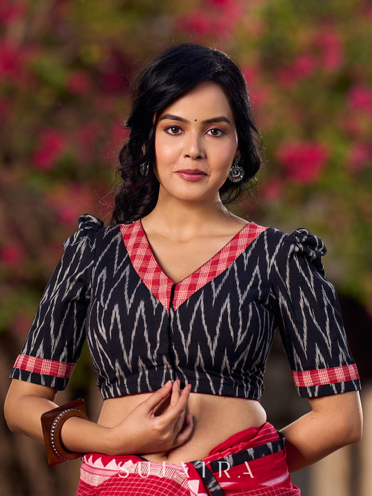Artisanal Black Ikat Cotton Sleeveless Blouse with Highlighted Neckline