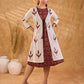 Timeless Off White Cotton Open Front Long Jacket with Ajrakh Applique and Tassel Detail