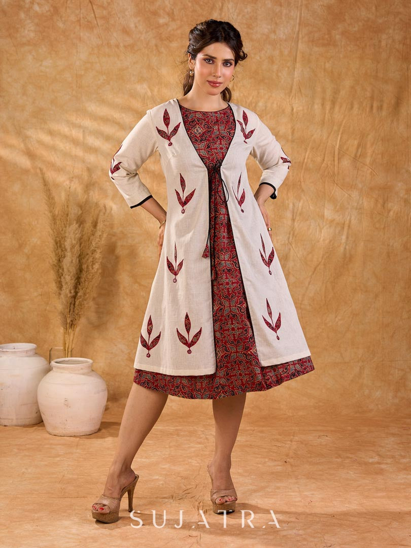 Timeless Off White Cotton Open Front Long Jacket with Ajrakh Applique and Tassel Detail