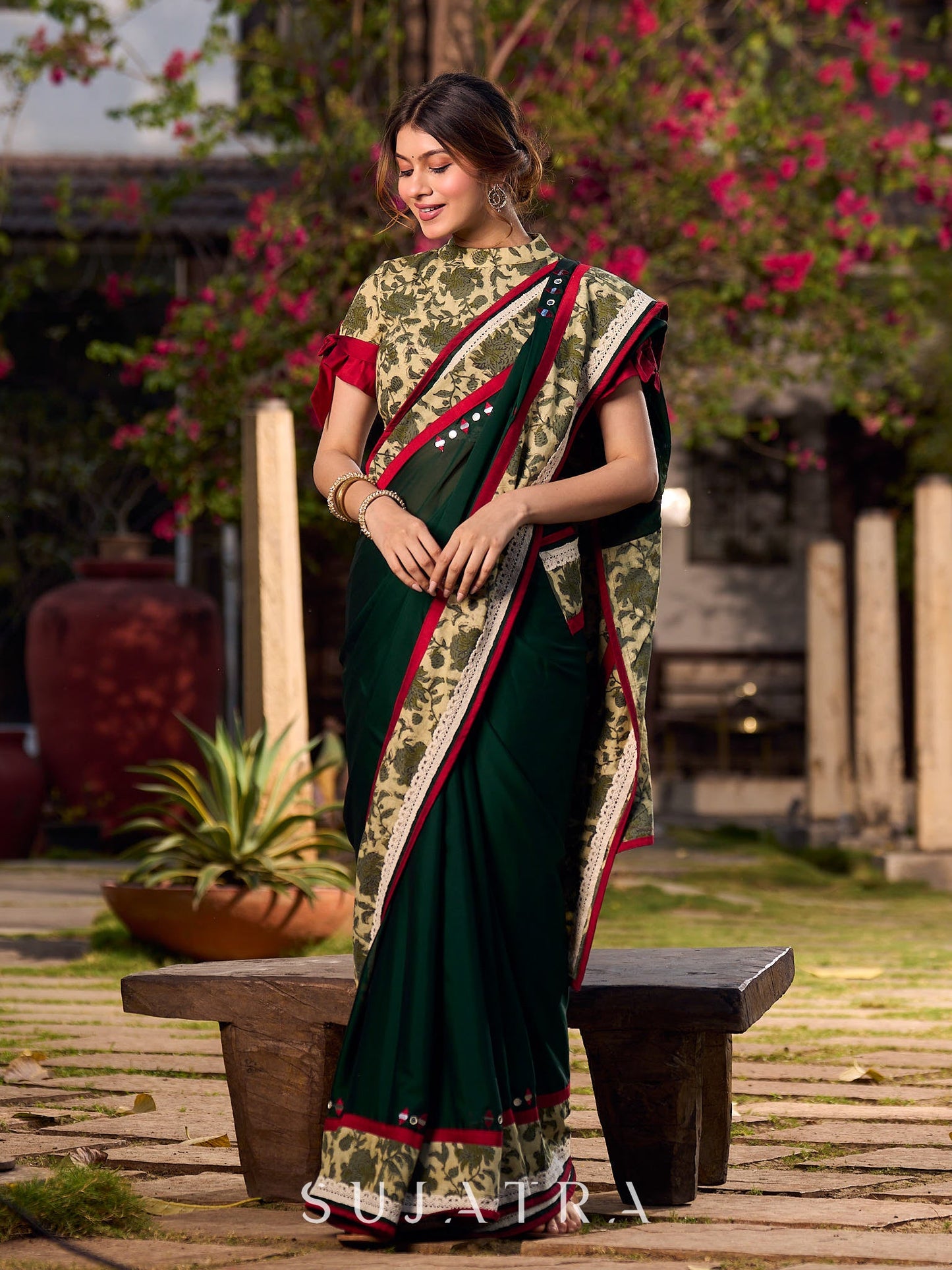 Lustrous Dark Green Silk Saree with Natural Floral Print Border