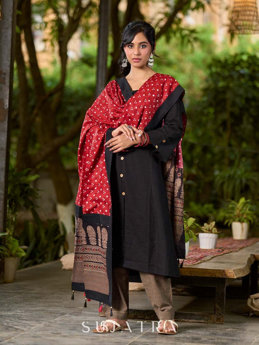 Classic Black Cotton Kurta with Classic Ajrakh Zigzag Printed Pant and Elegant Maroon Bandhani Dupatta with Traditional Ajrakh Printed Border