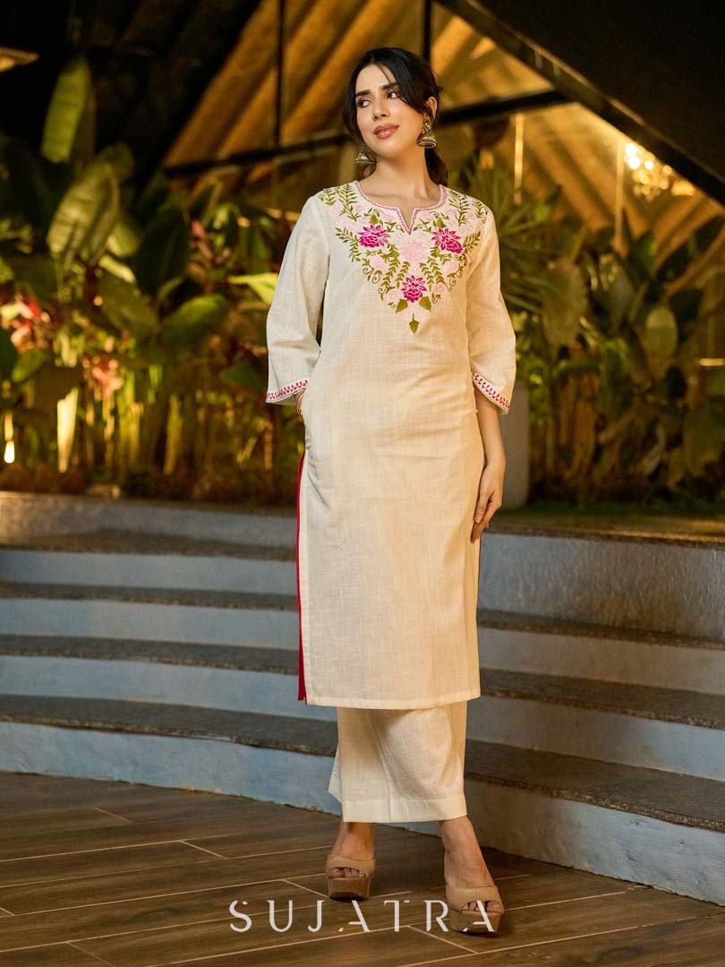 Graceful White Cotton Kurta Adorned with Striking Kashida Embroidery with Graceful Pink Chiffon Dupatta with Delicate Pearl & Mirror Lace