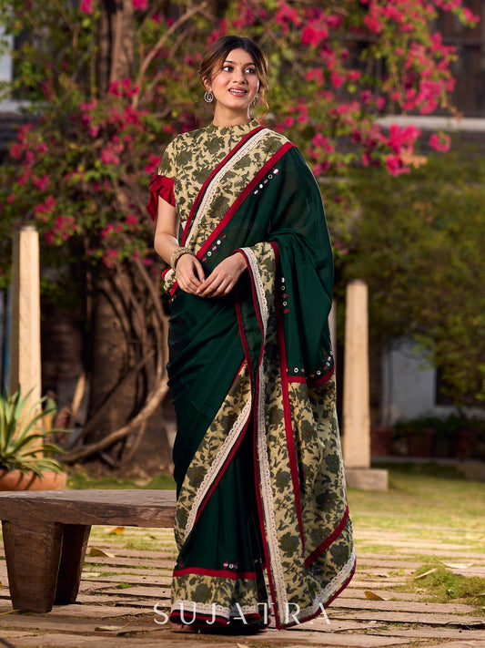 Lustrous Dark Green Silk Saree with Natural Floral Print Border