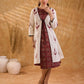 Timeless Off White Cotton Open Front Long Jacket with Ajrakh Applique and Tassel Detail