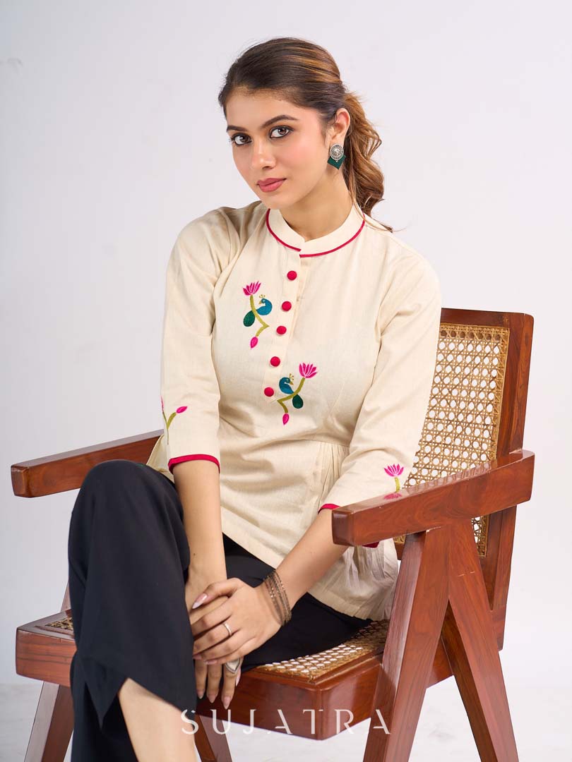 Classic Off White Cotton Gathered Top with Traditional Pichwai Hand Embroidery