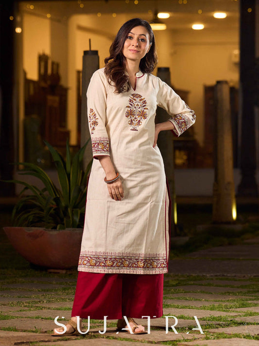 Minimal Off White Cotton Flex Kurta with Floral Hand Block Prints And Intricate Border