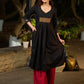 Black Cotton Panel Kurta with Ikat Accents in Sleeves and Flare, Embellished with Delicate Mirrors