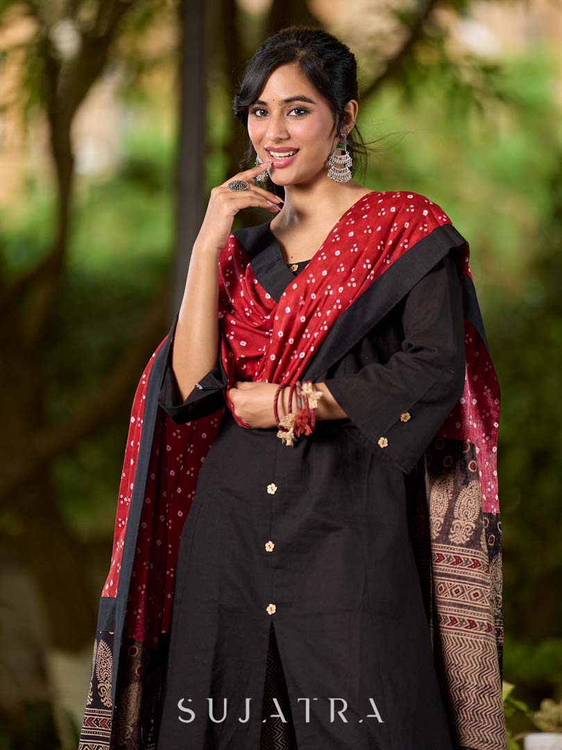 Classic Black Cotton Kurta with Classic Ajrakh Zigzag Printed Pant and Elegant Maroon Bandhani Dupatta with Traditional Ajrakh Printed Border