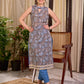 Misty Grey-Blue Floral Hand Block Print Mul Cotton Kurta with Halter Neck and Lace Hem Border