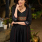Black Cotton Panel Kurta with Ikat Accents in Sleeves and Flare, Embellished with Delicate Mirrors