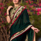 Lustrous Dark Green Silk Saree with Natural Floral Print Border