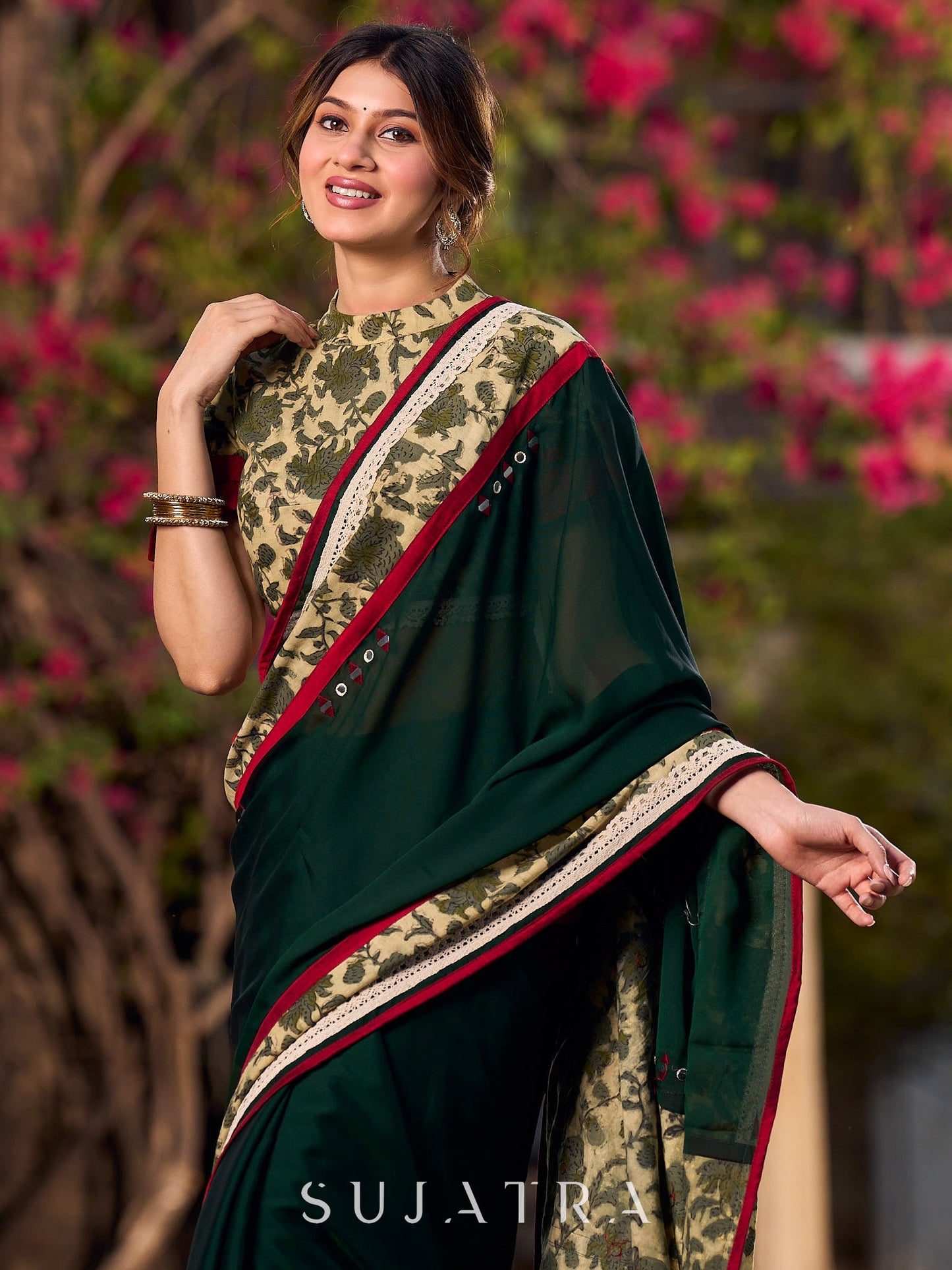Lustrous Dark Green Silk Saree with Natural Floral Print Border