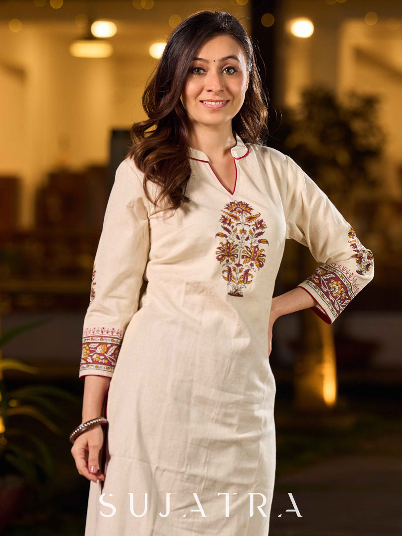 Minimal Off White Cotton Flex Kurta with Floral Hand Block Prints And Intricate Border