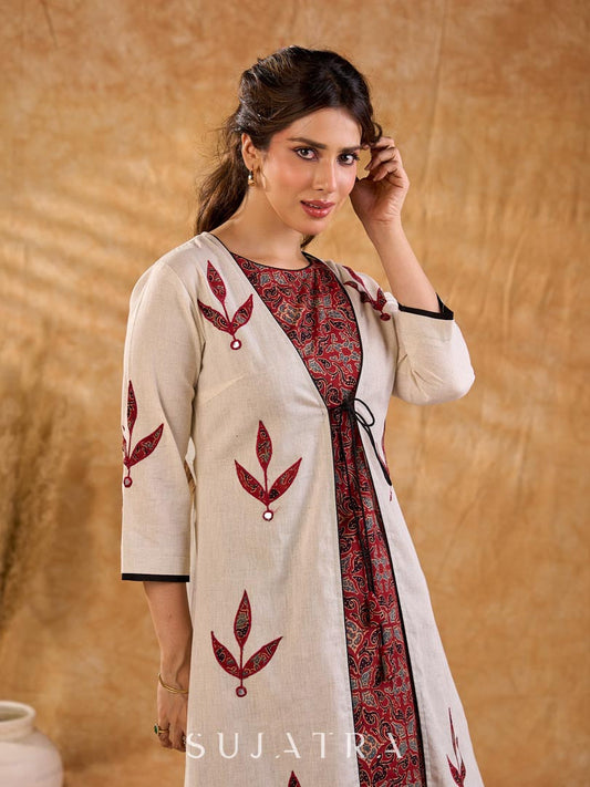 Timeless Off White Cotton Open Front Long Jacket with Ajrakh Applique and Tassel Detail