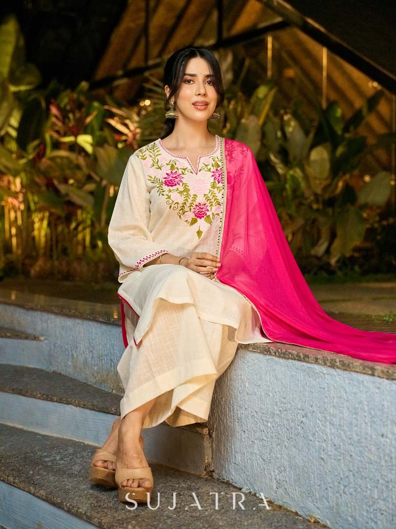 Graceful White Cotton Kurta Adorned with Striking Kashida Embroidery with Graceful Pink Chiffon Dupatta with Delicate Pearl & Mirror Lace