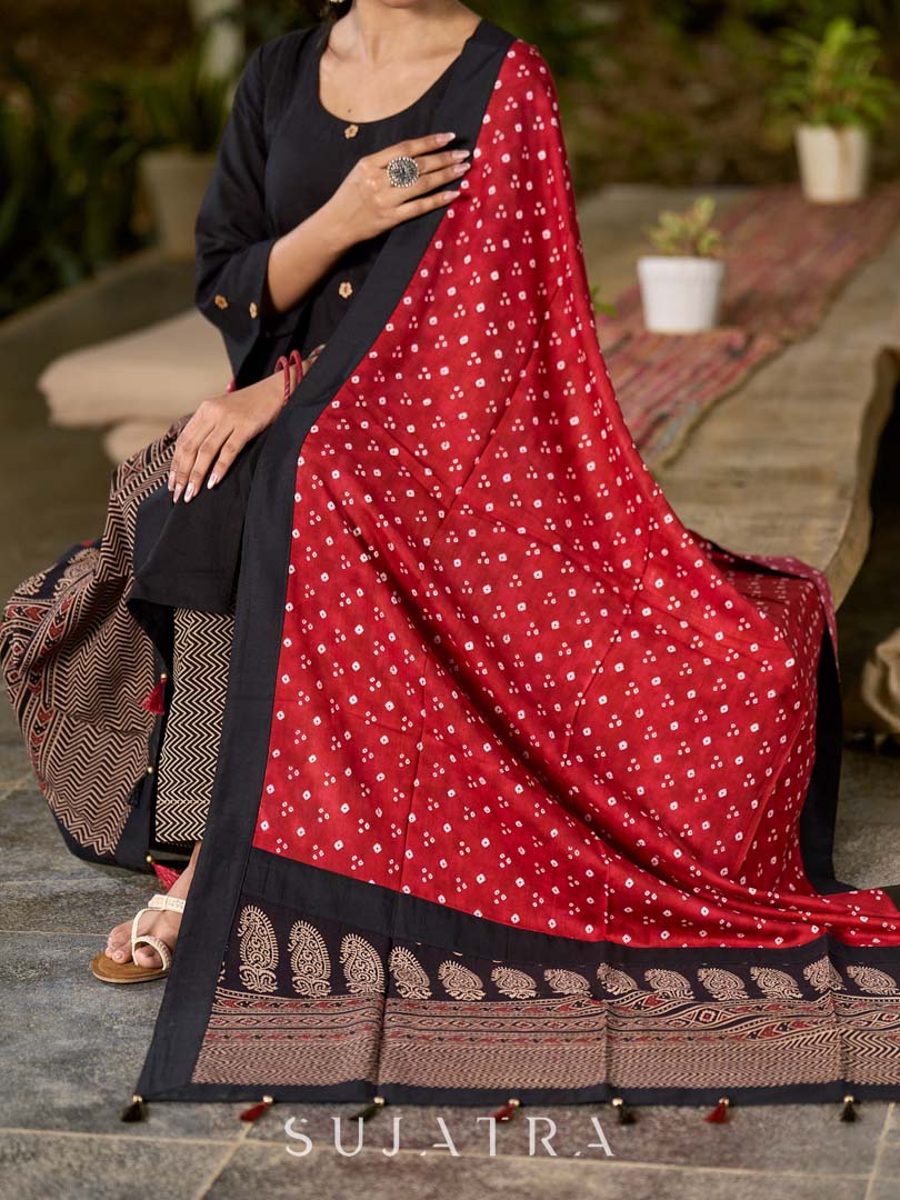 Classic Black Cotton Kurta with Classic Ajrakh Zigzag Printed Pant and Elegant Maroon Bandhani Dupatta with Traditional Ajrakh Printed Border