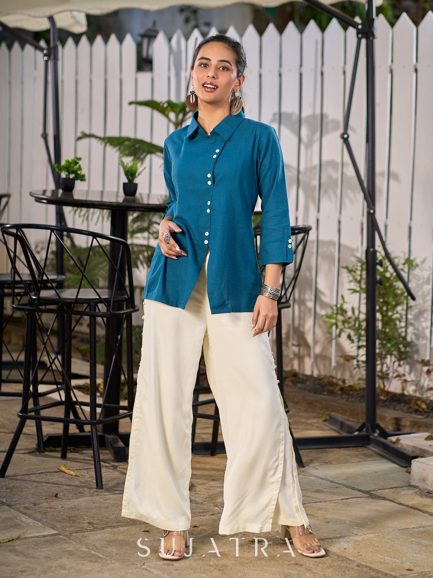 Teal Blue Cotton Shirt With Contemporary Asymmetrical Cut