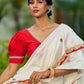 Traditional Ivory Chanderi Saree with Red-Gold Scalloped Border & Hand Embroidered Pallu