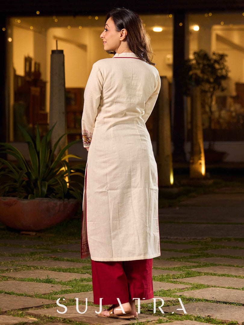 Minimal Off White Cotton Flex Kurta with Floral Hand Block Prints And Intricate Border