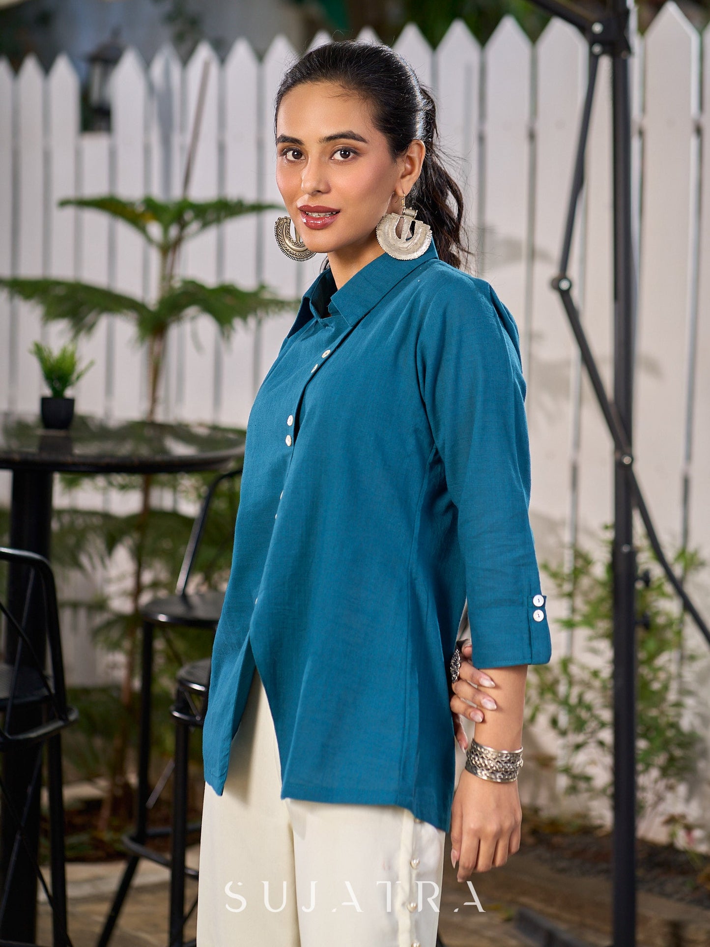 Teal Blue Cotton Shirt With Contemporary Asymmetrical Cut