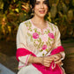 Graceful White Cotton Kurta Adorned with Striking Kashida Embroidery with Graceful Pink Chiffon Dupatta with Delicate Pearl & Mirror Lace
