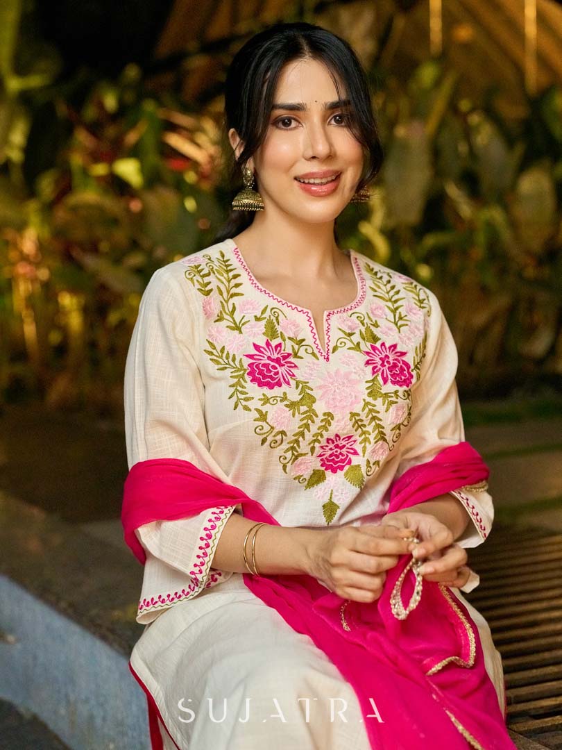 Graceful White Cotton Kurta Adorned with Striking Kashida Embroidery with Graceful Pink Chiffon Dupatta with Delicate Pearl & Mirror Lace